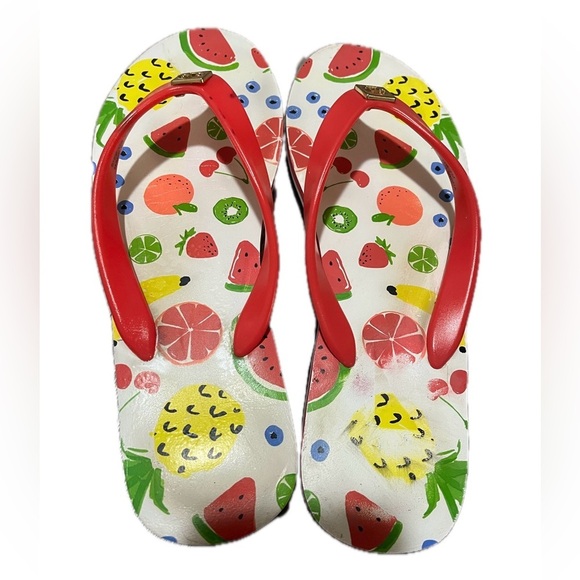Kate Spade New York Colorful Fruit Print Flip Flops with Red Straps - Picture 2 of 8